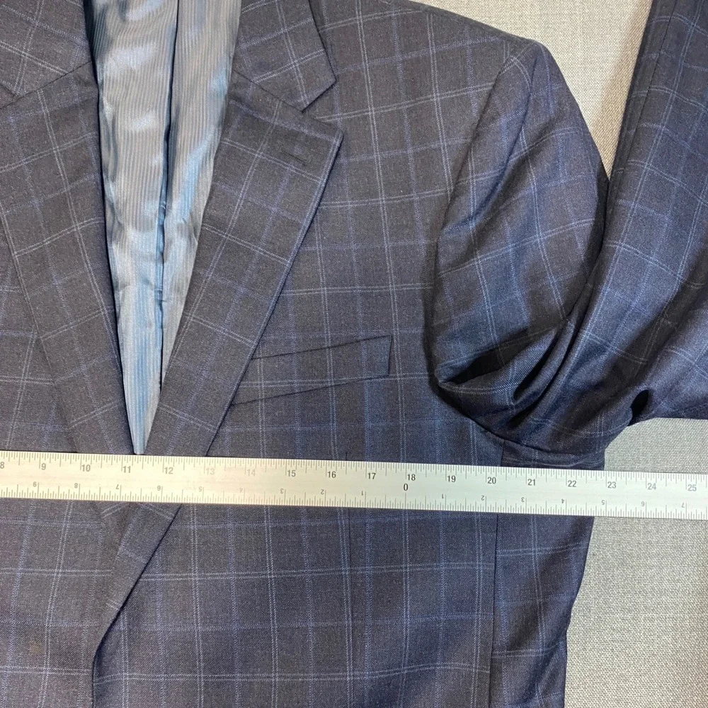 Jack Victor Mens 44L Blazer Navy Blue Windowpane Super 120s Wool Sport Coat 44 L